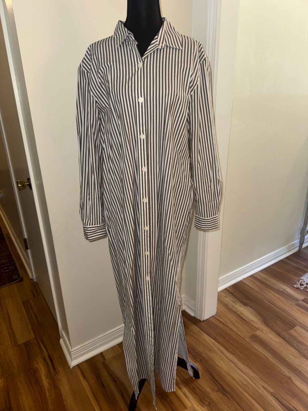 LOFT Striped Button-Up Dress in Gray & White - Picture 3 of 8